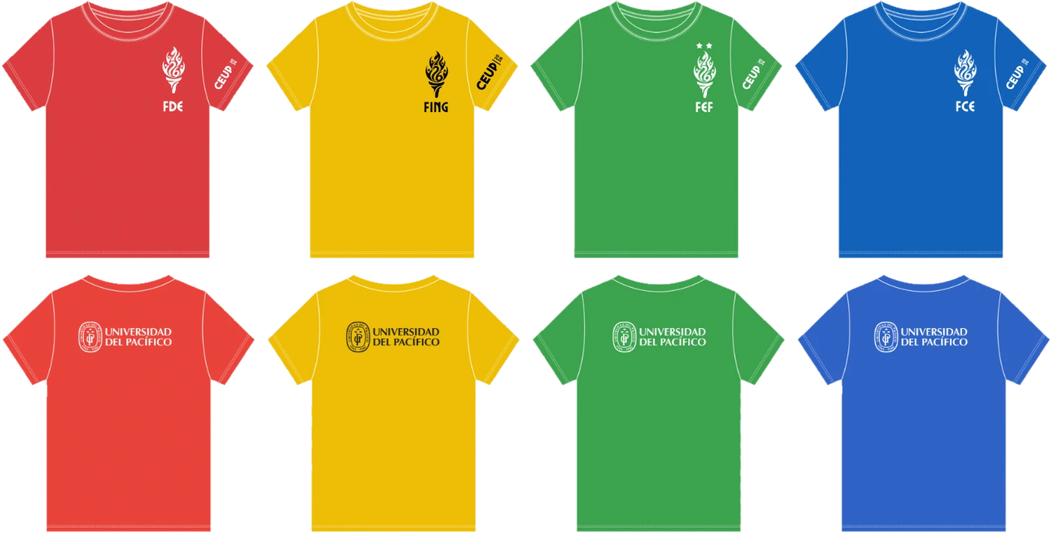 Polos deportivos de los Juegos en rojo (FDER), amarillo (FING), verde (FEF) y azul (FCE), de frente y de espalda